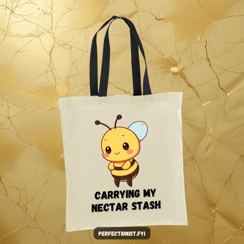 Funny bee tote bag depicting a precise bee character aligning nectar drops, a humorous and practical gift.
