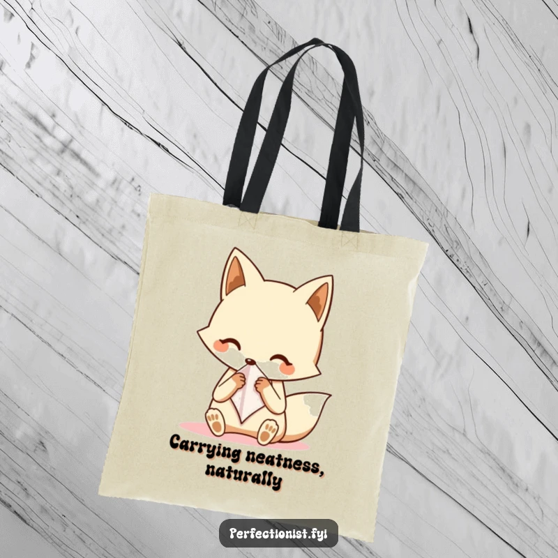 Funny fox tote bag showcasing a neat fox character meticulously folding a tiny handkerchief, perfect for stylish and organized everyday use.