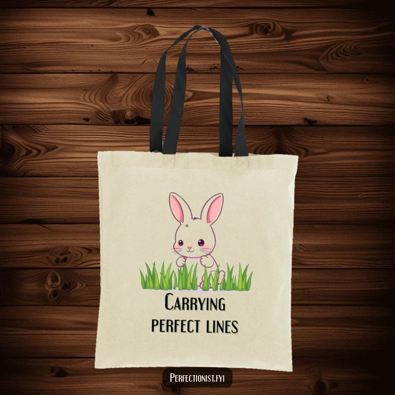 Funny Tote Bag: A meticulous bunny carefully arranges individual blades of grass in a straight line, a humorous and neat image.
