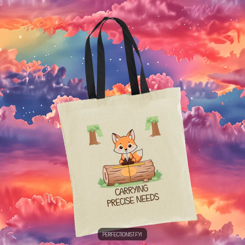 Funny tote bag displaying a fox precisely measuring the exact center of a fallen log, symbolizing keen observation and a humorous approach to measurement.
