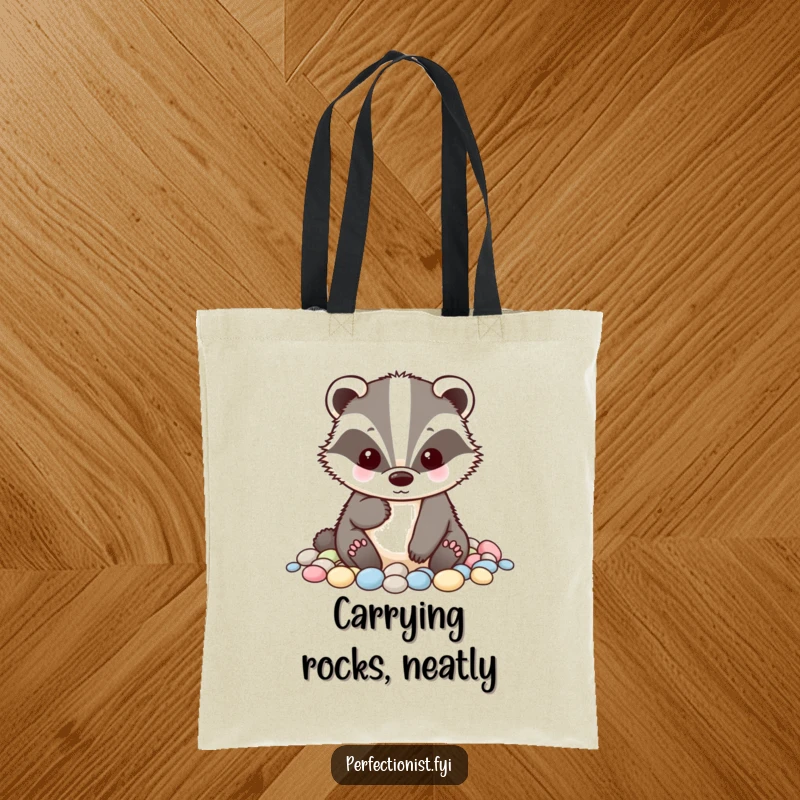 Funny badger tote bag showcasing a tidy badger character meticulously alphabetizing small pebbles, perfect for carrying essentials with humorous precision.