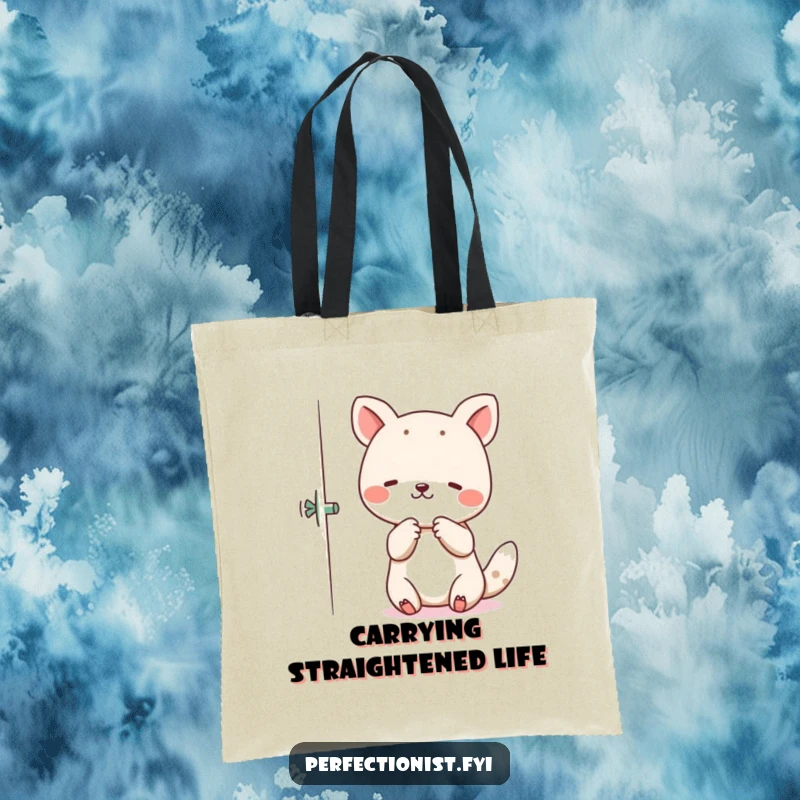 Funny Tote Bag with an animal character gently straightening crooked objects, symbolizing a love for order.