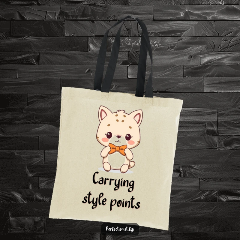 Funny Tote Bag featuring an animal character adjusting its perfectly symmetrical bowtie, symbolizing attention to detail.