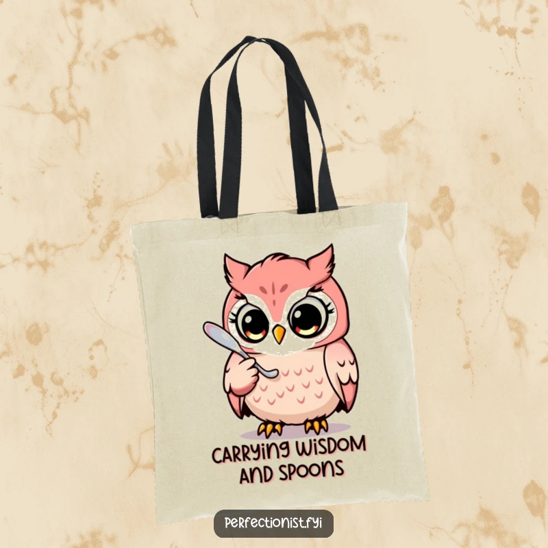 Funny tote bag depicting a focused owl character polishing a single, gleaming spoon, ideal for carrying essentials with humor.