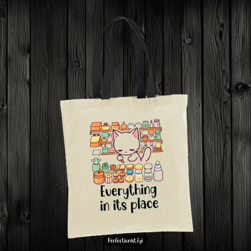 Funny Tote Bag: A precise cat arranges objects neatly, a humorous accessory for the organized.