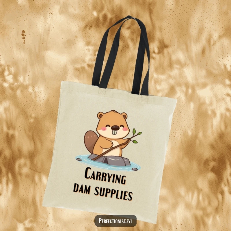 Funny happy beaver straightening a single small twig on a dam on a tote bag, great for builders and organizers.