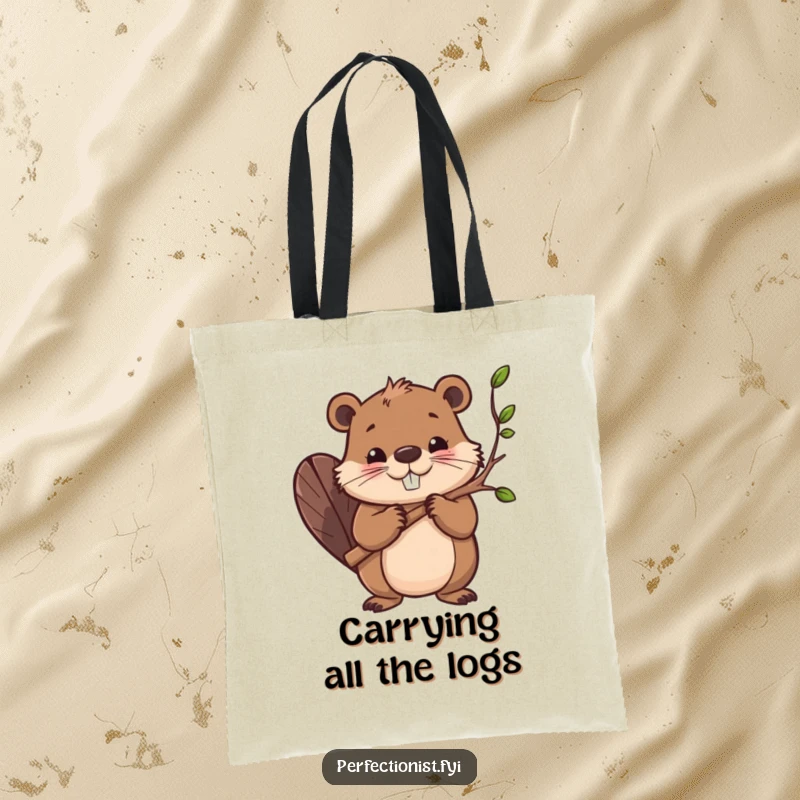 Funny tote bag with a determined beaver character actively smoothing branches, ideal for carrying groceries or dreams with a humorous touch.