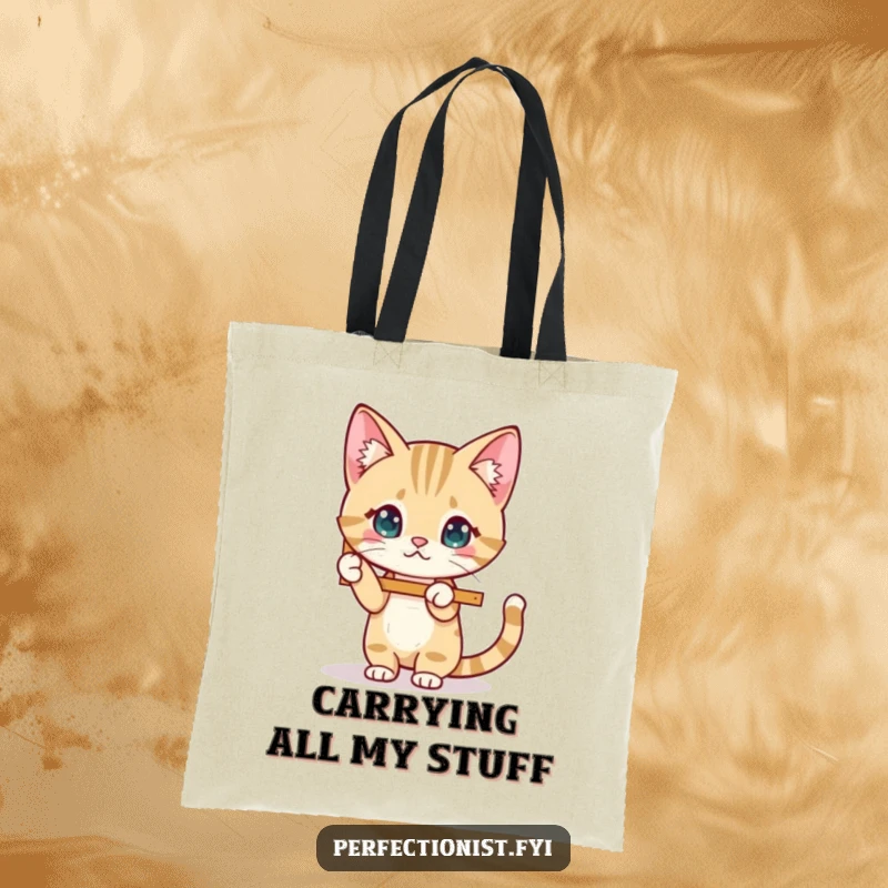 Funny Cat Tote Bag showcasing a cat character meticulously straightening a wobbly picture frame, perfect for daily use.