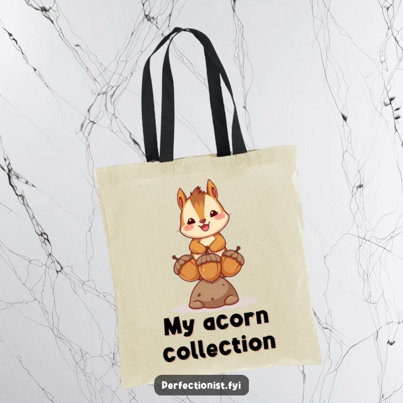 Funny tote bag with a happy chipmunk character balancing three acorns, highlighting its joyful, skillful, and humorous nature.