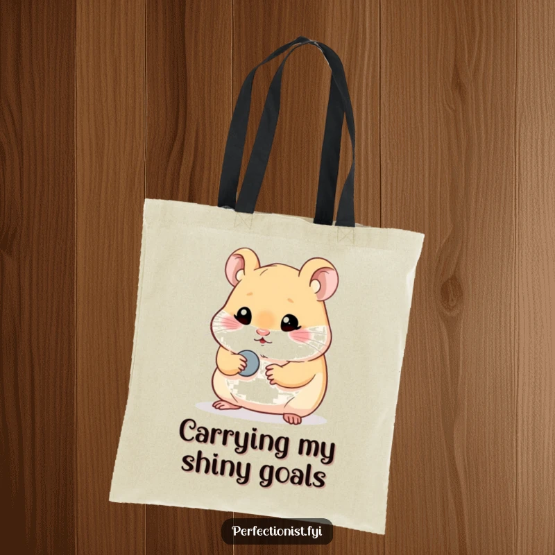 Funny hamster tote bag showcasing a perfectionist hamster character meticulously polishing a single, tiny button, perfect for carrying essentials with humorous shine.