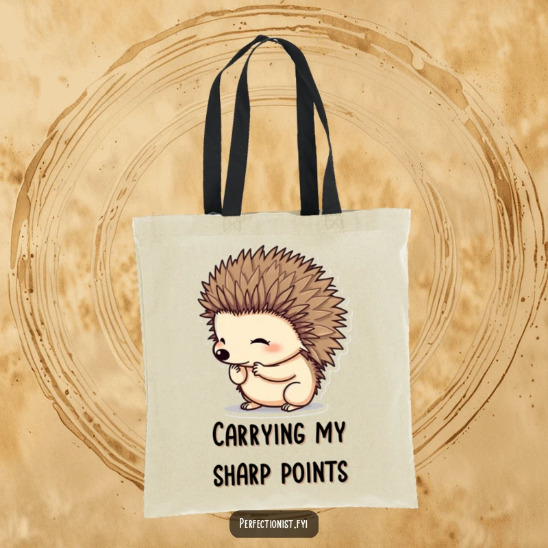 Funny hedgehog character precisely grooming its spines on a tote bag, a humorous and functional accessory for neat people, a funny gift.