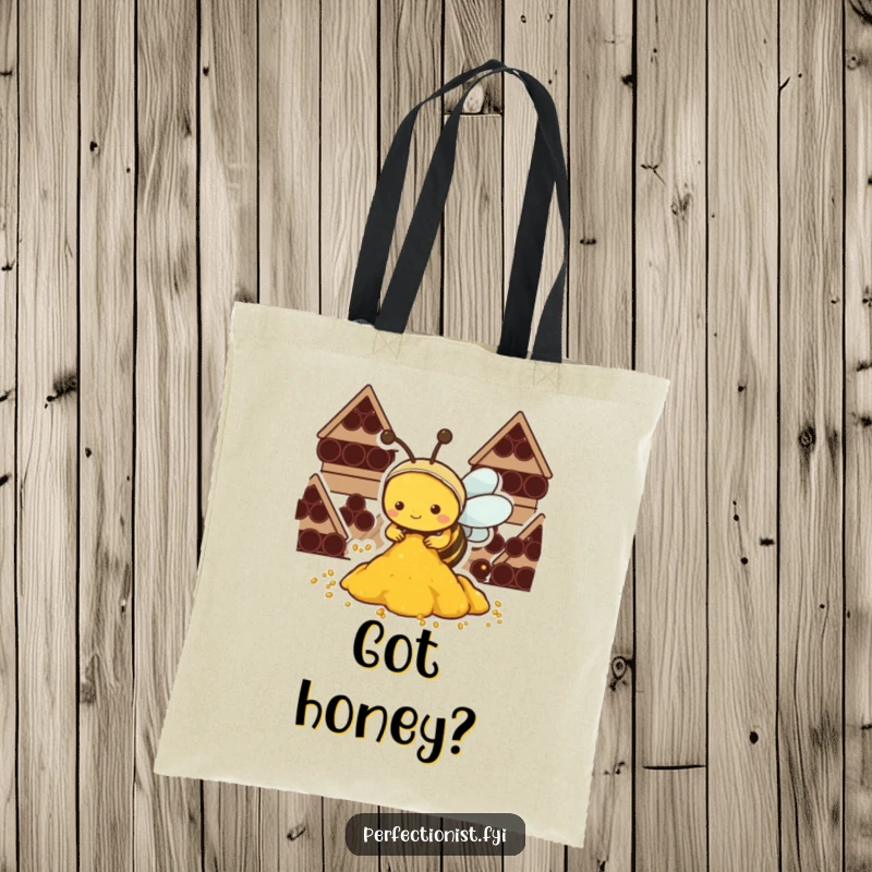 Funny Kawaii bee tote bag, a diligent bee working hard to organize piles of golden pollen.