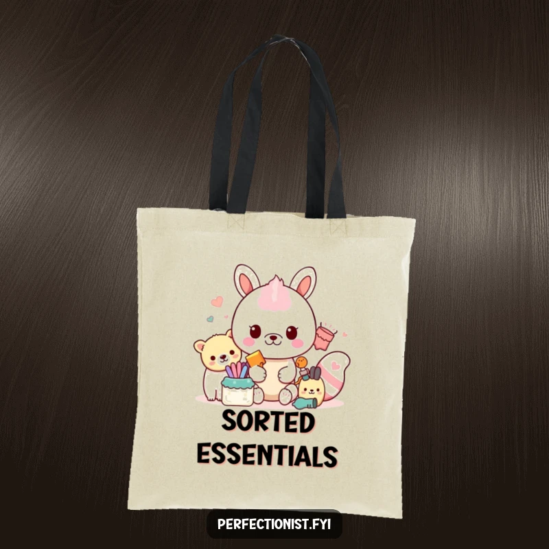 Funny Meticulous Tote Bag: A functional tote featuring an animal character precisely arranging items based on their color spectrum.