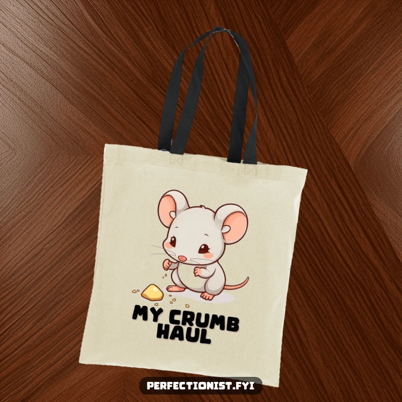 Funny tote bag with a mouse character meticulously wiping dust from a crumb, highlighting its obsessive, yet charming and humorous, tidiness.