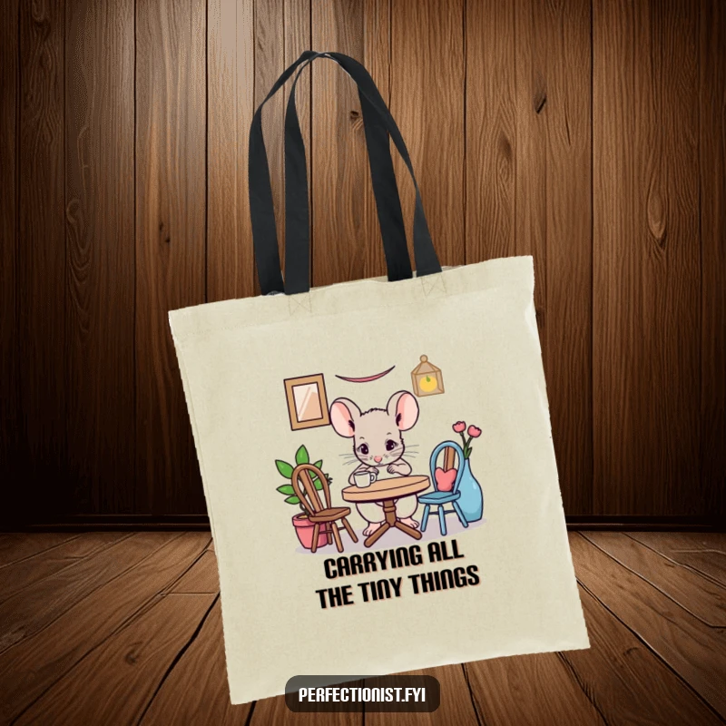 Funny mouse tote bag showcasing a focused mouse character adjusting a miniature table setting, perfect for carrying essentials with humorous precision.
