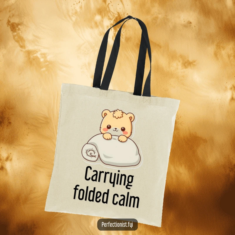 Funny Tote Bag featuring an animal character smoothing a flawlessly folded blanket, symbolizing a love for order.