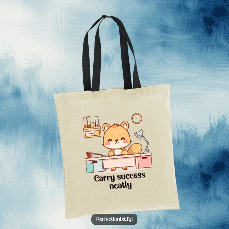 Funny Tote Bag featuring an animal character radiating pride over a flawlessly organized desk.