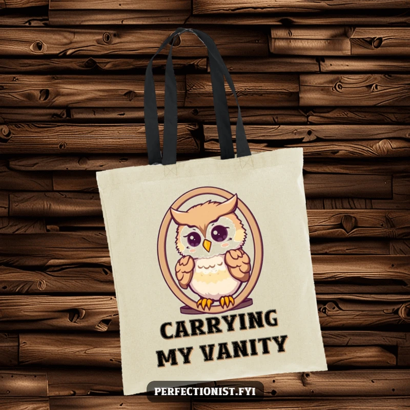 Funny cute owl arranging its feathers in a mirror on a tote bag, great for shoppers and owl lovers.