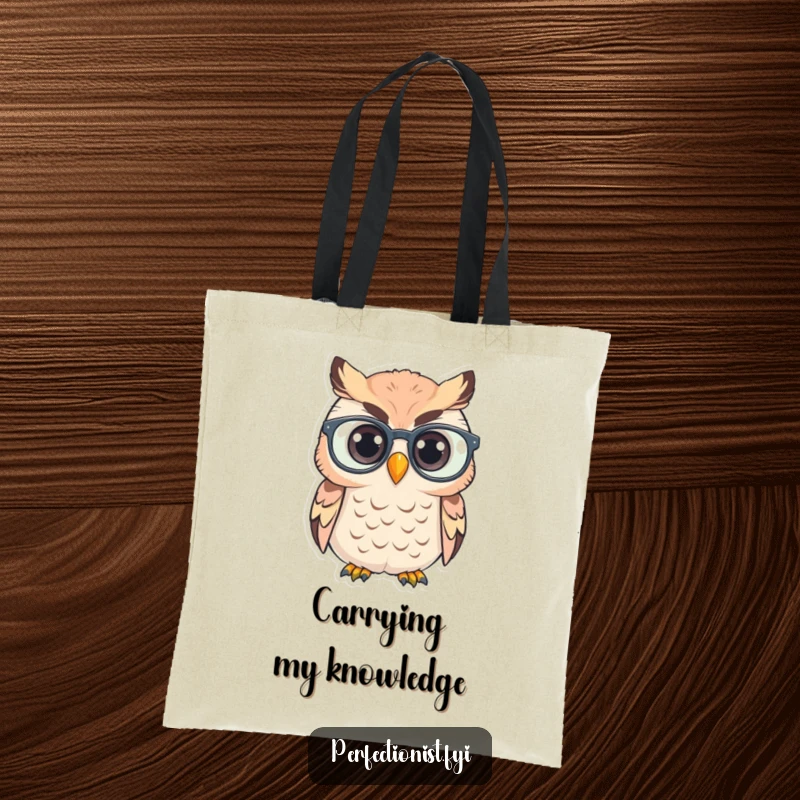 Funny Tote Bag: An owl diligently cleans its glasses, a humorous accessory for carrying knowledge.