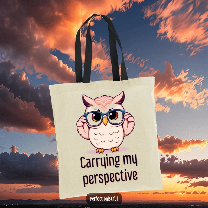 Funny Owl Tote Bag: A proud owl character is adjusting perfectly symmetrical glasses, symbolizing intellectual prowess and a love for organized learning.