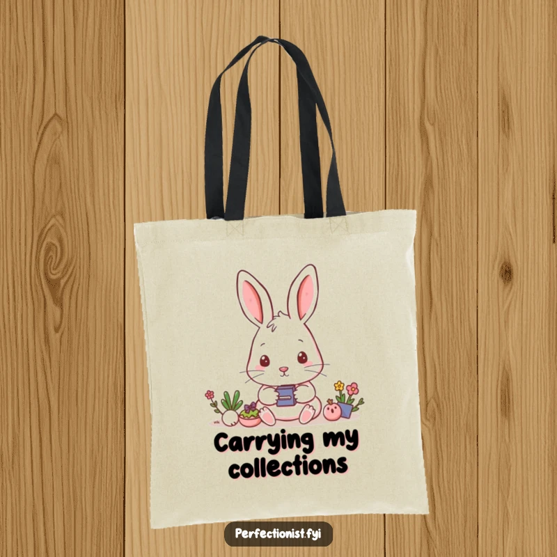 Funny Tote Bag: A rabbit meticulously aligns small items, a humorous accessory for the focused.