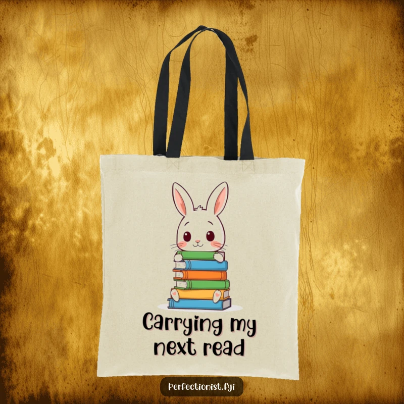 Funny tote bag portraying a meticulous rabbit character creating a perfect stack of books, great for carrying literature in style.