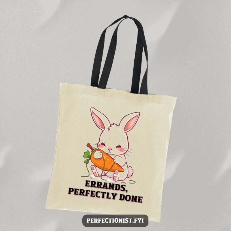 Funny tote bag showing a rabbit meticulously plucking threads from a carrot, perfect for organized shopping.