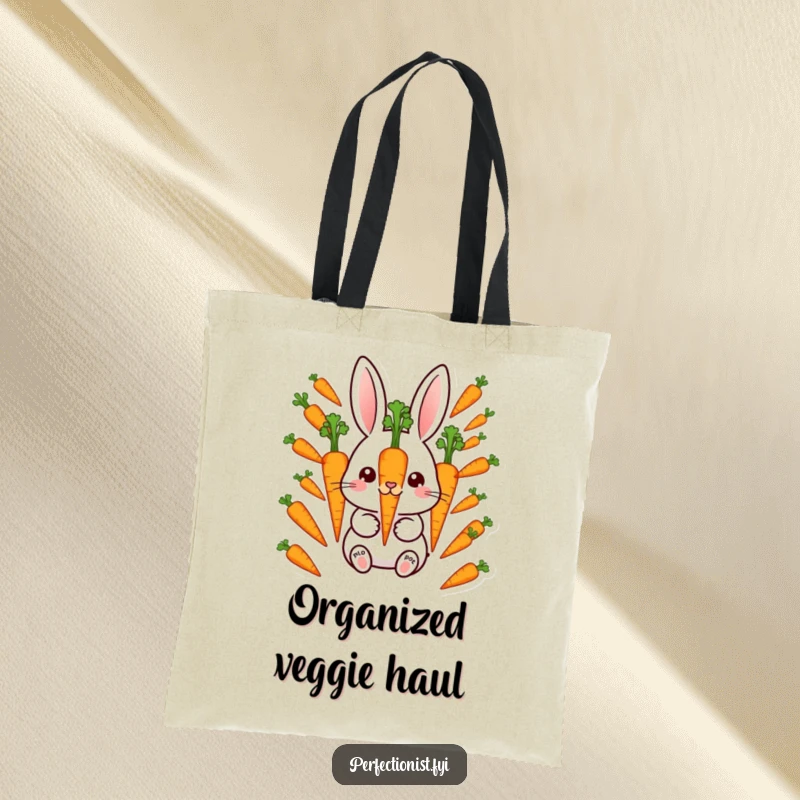 Funny Tote Bag: Meticulous rabbit character aligning perfectly spaced carrots, a humorous and practical accessory for the organized.
