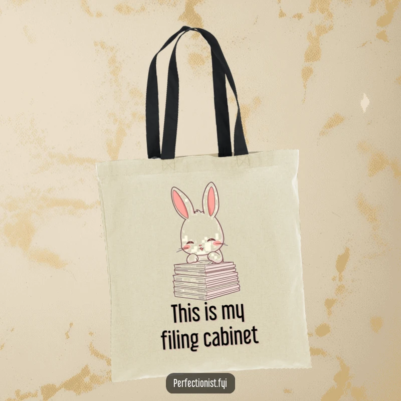 Funny Rabbit Tote Bag: A meticulous rabbit character is straightening a stack of papers, demonstrating a desire for order on a practical tote.