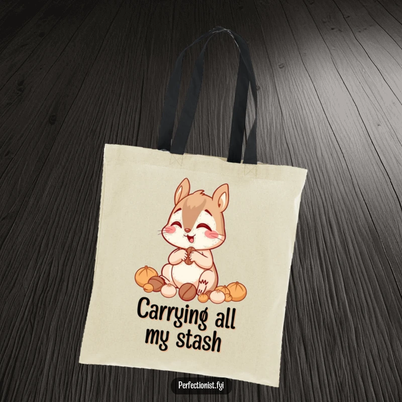Funny giggling squirrel sorting nuts by size with great focus on a tote bag, great for organizers and nature lovers.