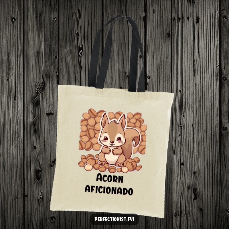Funny tote bag depicting a diligent squirrel character meticulously organizing nuts by size, ideal for stylish and humorous everyday carrying needs.