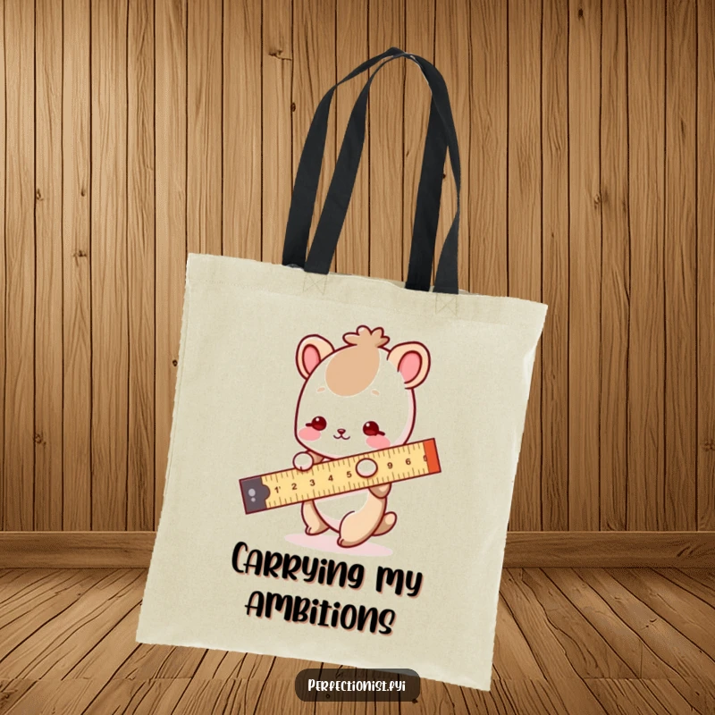 Funny Tote Bag: Features a small animal character meticulously using a ruler to measure a straight line, highlighting detailed humor.