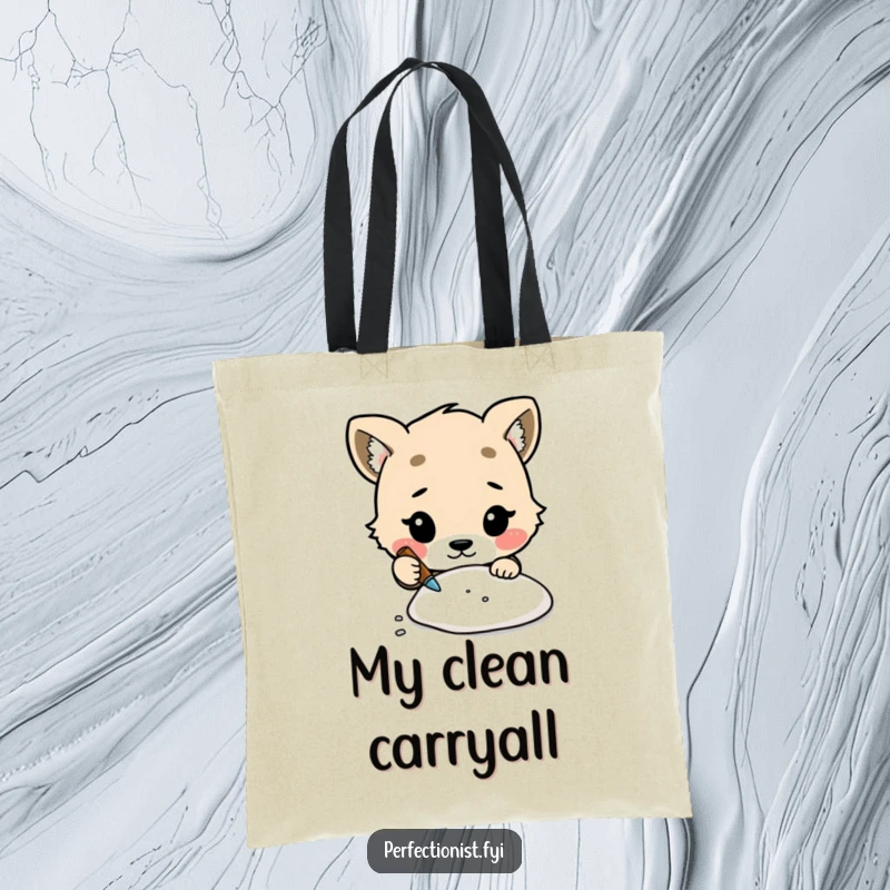 Funny tote bag with a cute animal character meticulously removing a tiny speck of dust, symbolizing cleanliness.