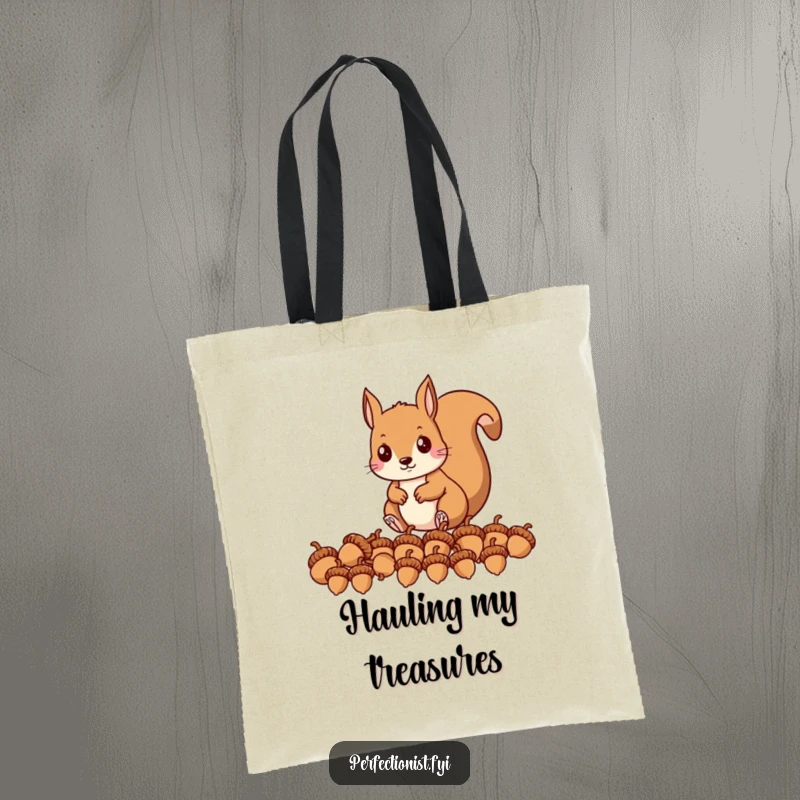 Funny tote bag depicting a precise squirrel character lining up acorns in a perfect row, ideal for carrying essentials humorously.