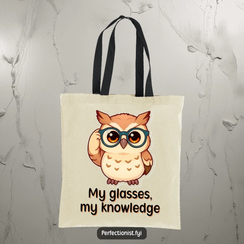 Funny owl tote bag featuring a curious owl adjusting its spectacles, perfect for carrying books with a smart, humorous flair.