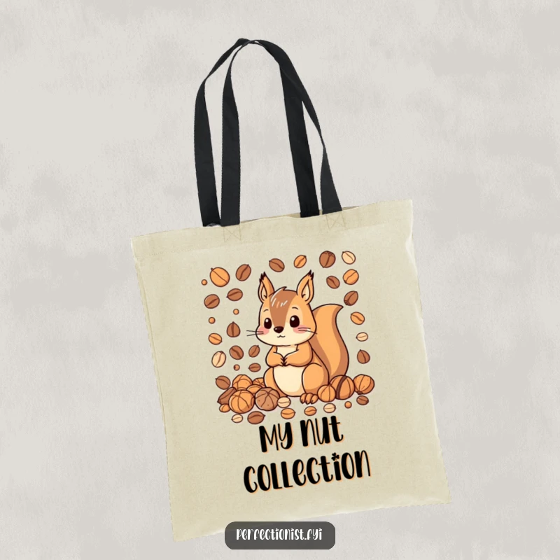 Funny tote bag featuring a squirrel character meticulously organizing nuts by size and color, highlighting its orderly and humorous personality.