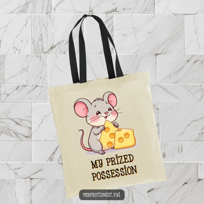 Funny tote bag featuring a content mouse character admiring a perfect cheese triangle, perfect for carrying essentials with a cheesy smile.