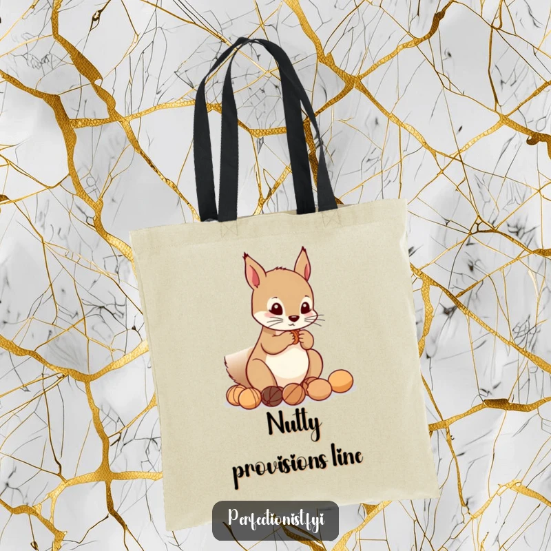 Funny Tote Bag: Precise squirrel character arranging nuts in a perfect line, a humorous and practical accessory for the organized.