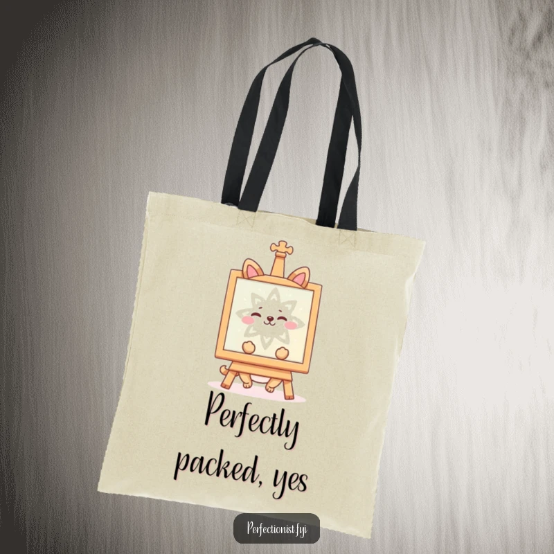 Funny tote bag with a happy animal character admiring a symmetrical creation, ideal for everyday elegance. A wonderful funny gift.