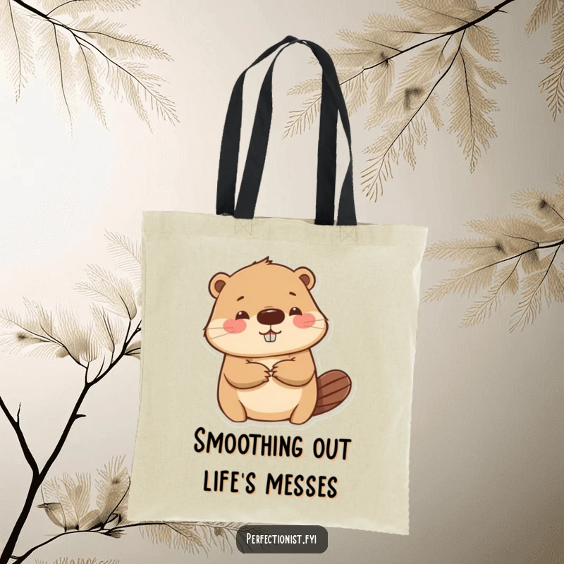 Funny beaver tote bag featuring a beaver character intensely focused on smoothing a wrinkle on paper, ideal for carrying with humorous precision.